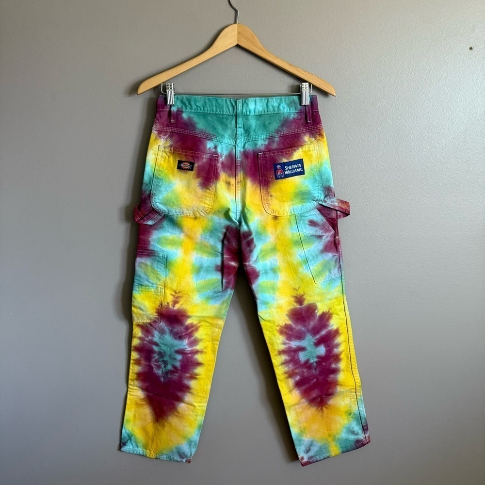 Upcycled Men's Rainbow Tie Dye Dickies Cargo Painter Jeans 30x30 Festival Rave - Picture 5 of 11